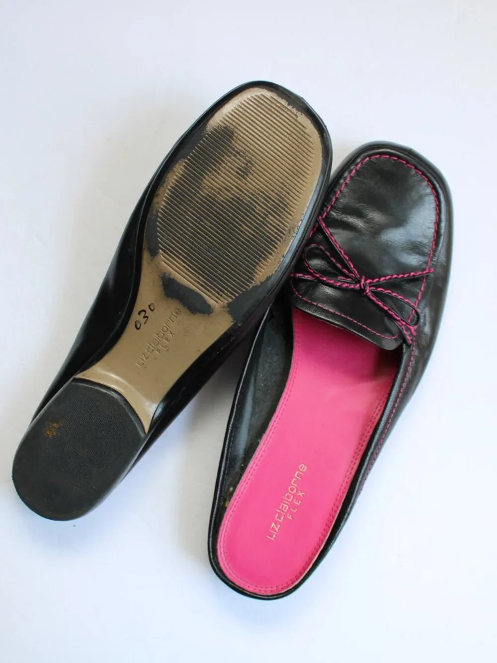 Liz Claiborne Flex Cadence 2 Black Leather Pink Mule Loafers Women's Size 8